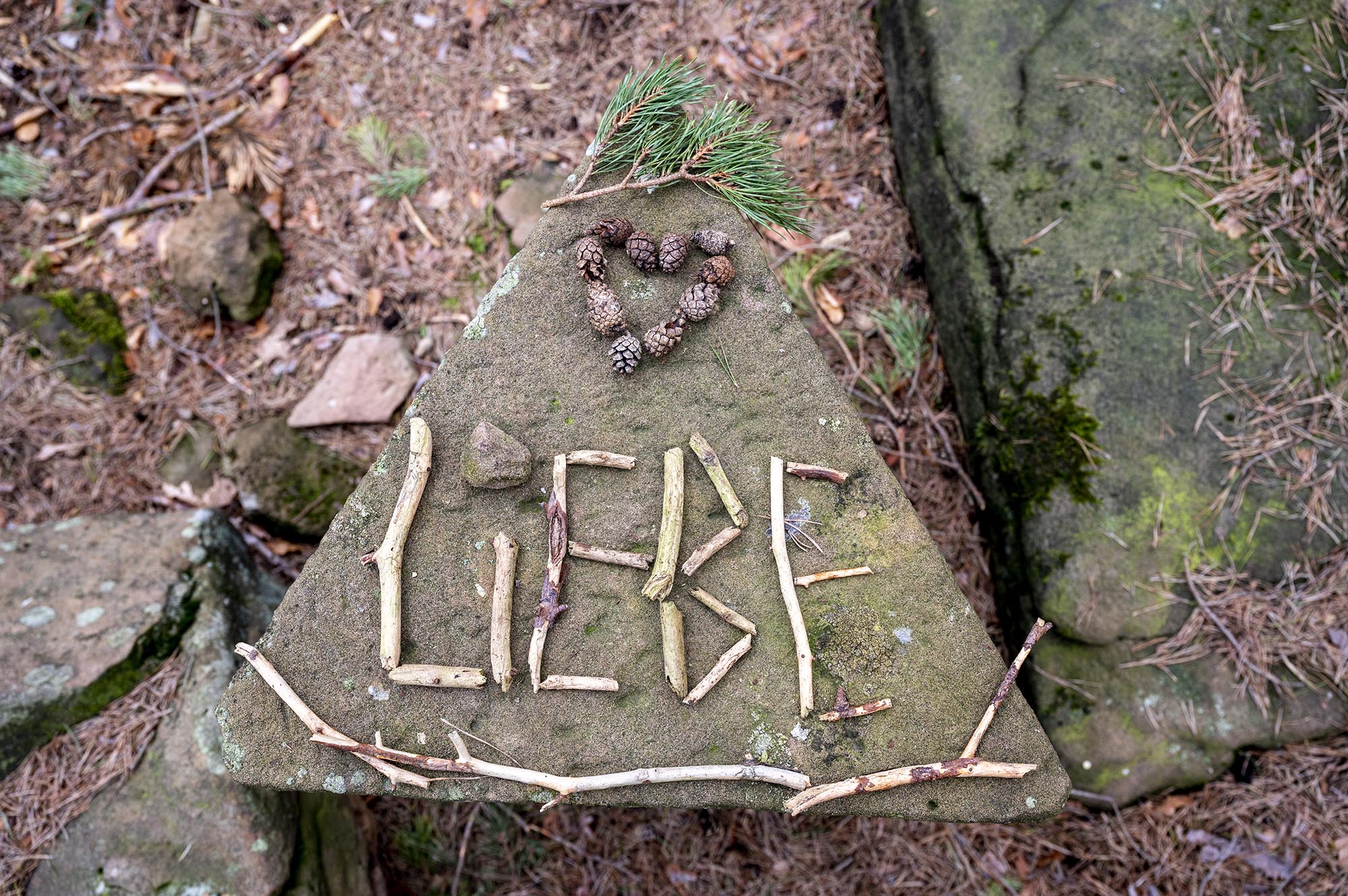 Auf einem mitten im Pfälzer Wald befindlichen dreieckigen Grenzstein hat jemand aus kleinen Holzstücken das Wort "Liebe" gelegt und es mit Kiefernzapfen (?) in Form eines Herzens geschmückt